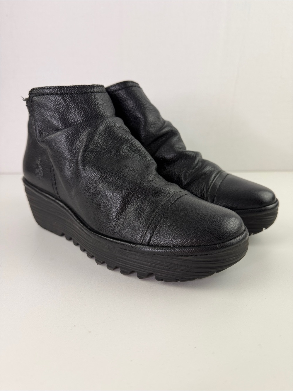 Fly London YIP Black Leather Wedge Ankle Booties